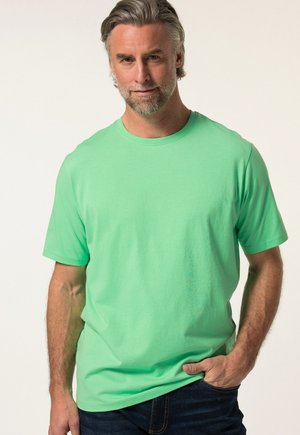 Camiseta de manga corta y cuello redondo en verde menta, hecha de una tela suave. Diseño sencillo con un corte relajado y sin patrones ni acentos visibles.