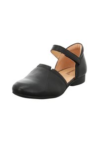 Schwarze Lederschuhe mit flachem Absatz, geschlossener Spitze und zwei Riemen über dem Obermaterial. Weiche Innenauskleidung und strukturierte Oberfläche.
