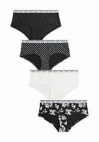 Fyra par kvinnors trosor: enfärgad svart; svart med vita prickar; vit; och svart med vitt blommönster, alla med elastisk midja.