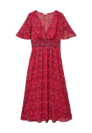 Robe midi fleurie rouge avec col en V, manches courtes évasées, taille cintrée, jupe fluide et motifs complexes de feuilles et de fleurs.