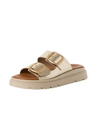 Sandali scivolosi in oro chiaro con due fibbie regolabili, una soletta imbottita marrone e una spessa suola in gomma beige. Design flat con punta aperta.