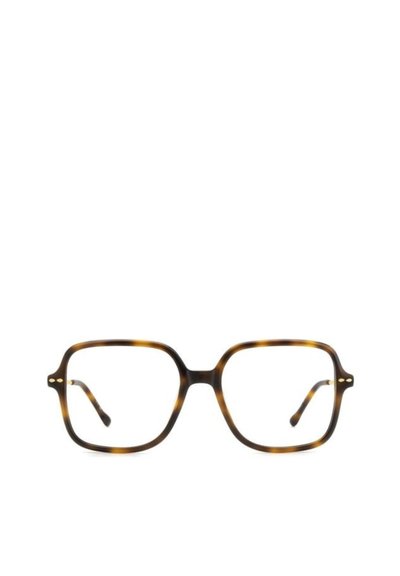 Occhiali squadrati in acetato tartarugato, con una montatura spessa e dettagli dorati sulle tempie, caratterizzati da una finitura liscia.