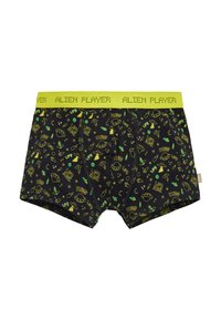 Boxer briefs negros con una cinturilla verde neón que dice "ALIEN PLAYER", cubiertos de garabatos temáticos de OVNIs y aliens en amarillo y verde.