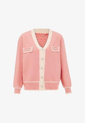 Strikket lyserød cardigan med v-hals, beige kant, to frontlommer og dekorative knapper. Tekstureret med et vaffelmønster over det hele.