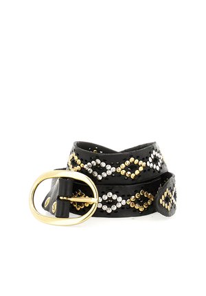 Cintura in pelle nera con fibbia ovale dorata, decorata con borchie rotonde alternate oro e argento a motivo diamante.