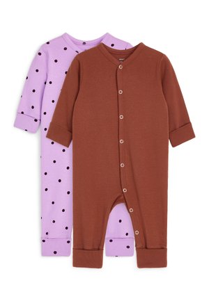 Deux bodies pour bébé, un marron uni avec pressions devant, un lavande à pois noirs, tous deux à manches longues avec poignets rabattables.