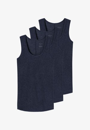 Trois débardeurs bleu foncé empilés, fabriqués en tissu doux avec des encolures rondes et sans motifs visibles.