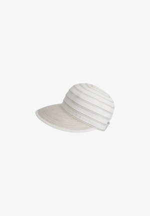 White striped hat with a rounded crown and a wide, curved brim. The fabric is smooth with a soft texture and features alternating horizontal stripes.