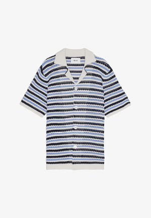 Short-sleeve cardigan with a knitted pattern of horizontal blue, navy, and gray stripes. Features a light-colored collared neckline and buttons.