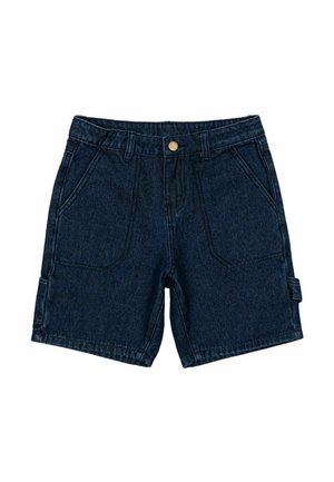 Denim kratke hlače v temno modri barvi, s ravnim krojem, dvema sprednjima žepoma ter stranskim cargo žepom z gumbom za zapiranje. Previdna pas.