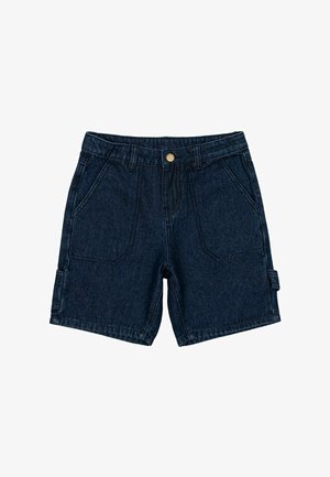 Tmavomodré džínsy s rovnou strihom, dvoma prednými vreckami a bočným cargo vreckom so zapínaním na gombík. Ploché pás.