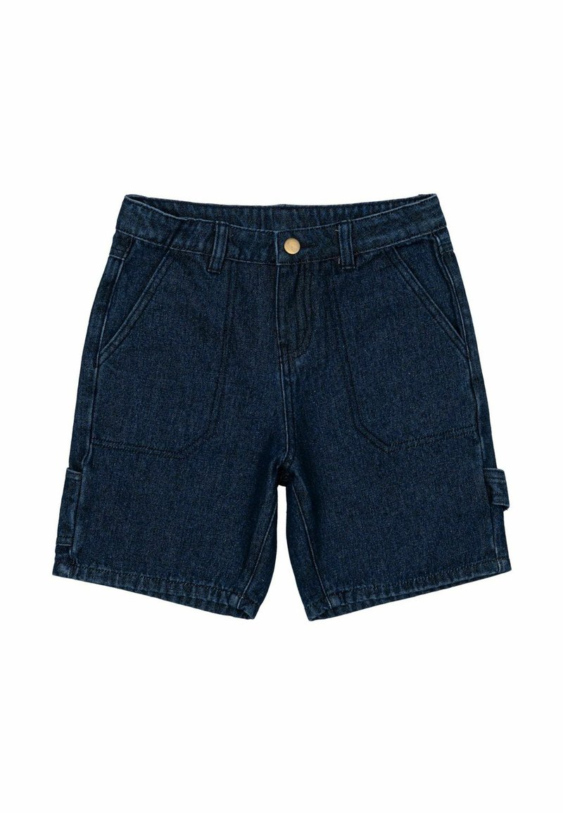 Tummansiniset denim-shortsit, joissa on suora leikkaus, kaksi etutaskua ja sivutasku napilla. Suora vyötärö.