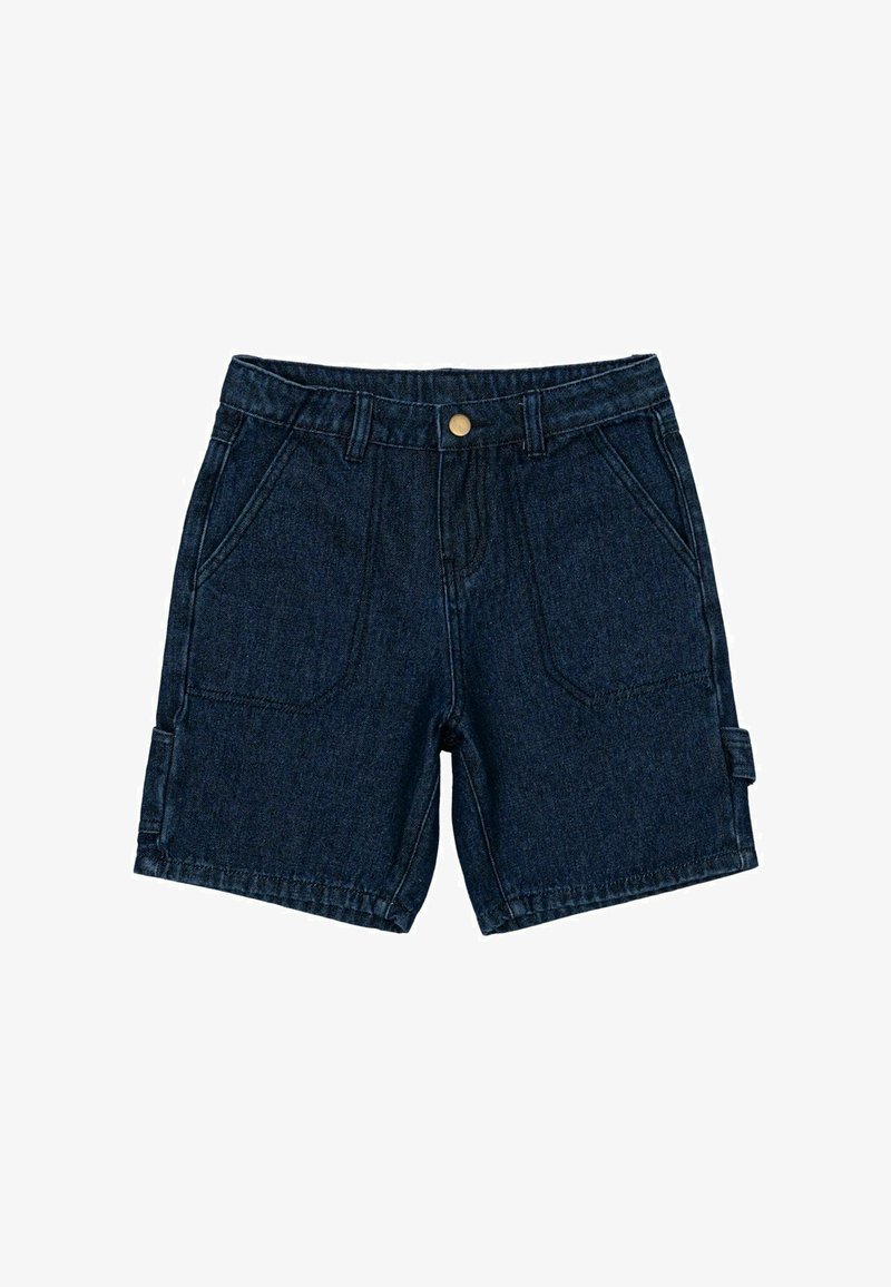 Donkerblauwe denim shorts met een rechte snit, twee voorzakken en een zijklepzak met knoopsluiting. Platte tailleband.