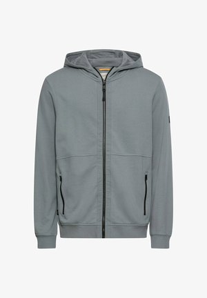 Szara bluza z kapturem na suwak wykonana z gładkiego materiału, z sznurkiem w kapturze, dwoma przednimi kieszeniami na suwak oraz ściągaczami na mankietach i w pasie.