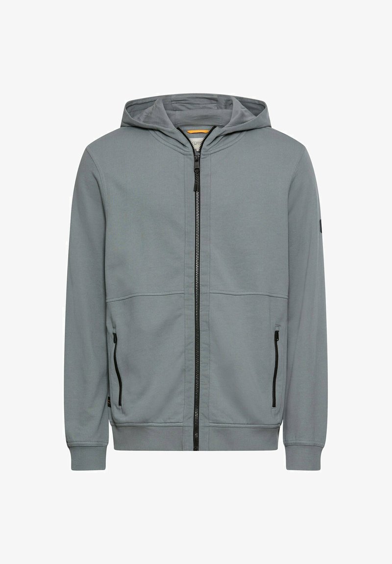 Szara bluza z kapturem na suwak wykonana z gładkiego materiału, z sznurkiem w kapturze, dwoma przednimi kieszeniami na suwak oraz ściągaczami na mankietach i w pasie.