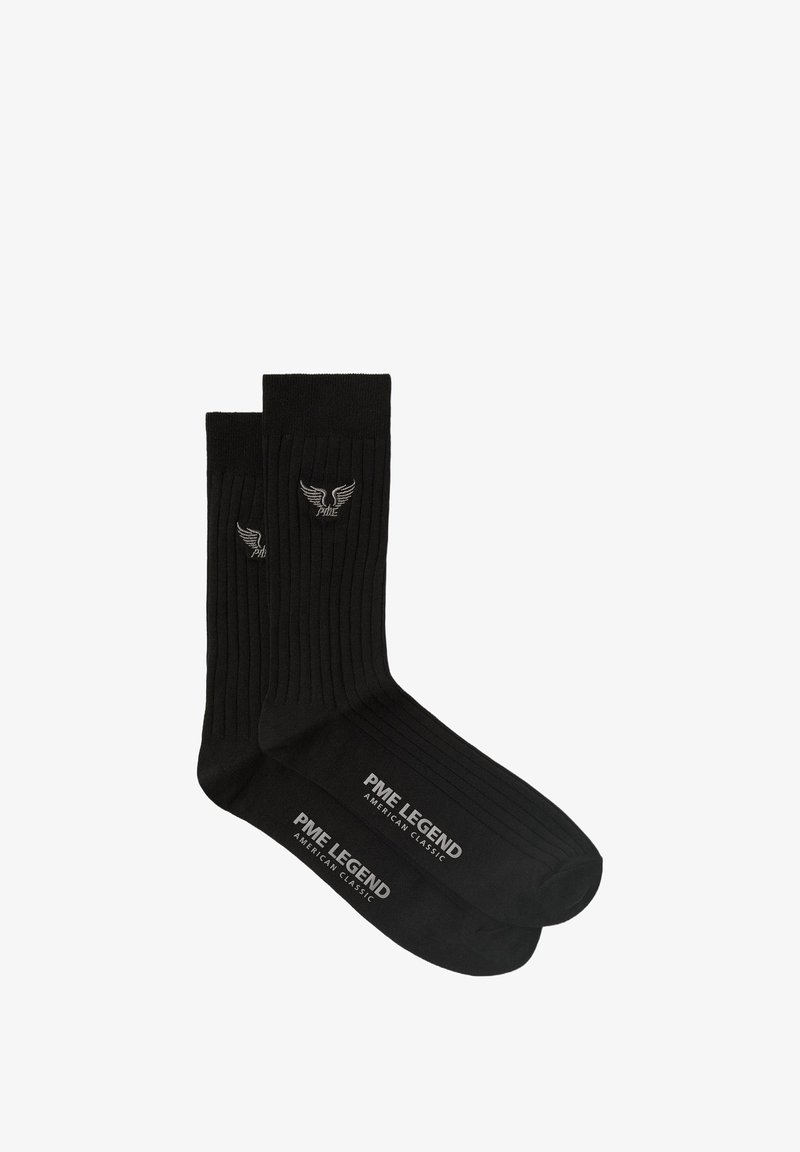Schwarze Baumwollmischsocken mit geripptem Design, versehen mit einem kleinen silbernen Logo mit Flügeln und dem Markennamen, der auf der Sohle aufgedruckt ist.