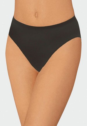 Black seamless high-cut brief underwear worn on a female torso against a plain light background.