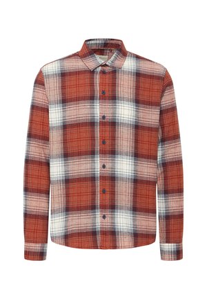 Rødt og hvitt rutet langermet skjorte laget av stoff med en myk tekstur. Har en knapp-til-ned krage og blå knapper foran.