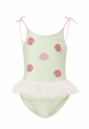 Costume da bagno per bambino piccolo verde chiaro con stampe di conchiglie rosa, laccetti rosa sulle spalle e una gonna di tulle bianca intorno alla vita.
