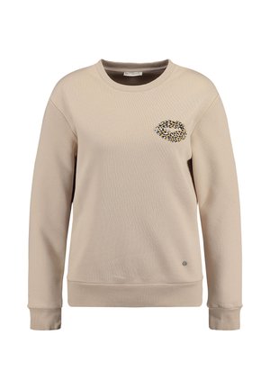 Beige Sweatshirt mit rundem Halsausschnitt, gerippten Bündchen und einem Leopardenmuster-Lippenmotiv auf der Brust. Weicher Stoff, lockere Passform.