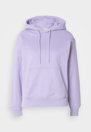 Lilac hoodie with a front kangaroo pocket, drawstring hood, and logo detailing. Made of soft, breathable fabric with ribbed cuffs.