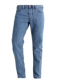 Light blue denim jeans with a straight-leg fit, five-pocket design, and silver metal button closure at the waistband. Faded wash finish.