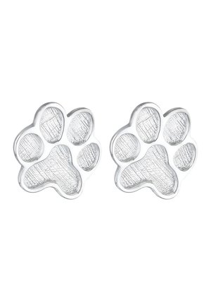 Boucles d'oreilles en métal argenté en forme d'empreintes de pattes, avec des détails texturés et des contours lisses, présentant quatre coussinets arrondis et un coussinet central.