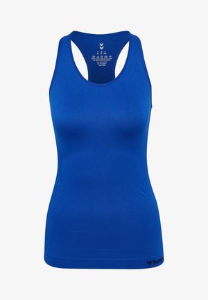 Blauw atletisch hemd gemaakt van 87% polyester en 13% elastaan. Heeft een racerback-ontwerp en een strakke, gladde textuur. Voorzien van waslabels.