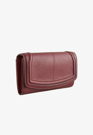 Burgundy leather wallet with textured surface, featuring a fold-over design and stitched detailing. Accented with a contrasting trim.