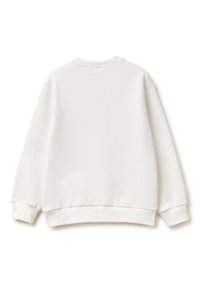 Weißes Sweatshirt mit rundem Ausschnitt, gerippten Bündchen und Saum. Glatte Textur, einfaches Design, kein sichtbares Logo oder Muster auf der Rückseite.