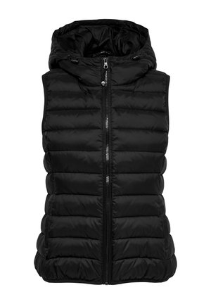 Gilet matelassé noir avec capuche, présentant une texture quiltée, une fermeture éclair à l'avant et une coupe ajustée. Matière lisse sans motifs visibles.