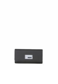 Portefeuille synthétique noir avec une surface texturée, de forme rectangulaire, et un accent logo argenté sur le devant. Se ferme avec un fermoir magnétique.