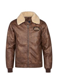 Chaqueta de cuero marrón con un cuello de borreguito sintético, cremallera frontal, bolsillos laterales y un parche con el logo de Petrol Industries en el pecho.
