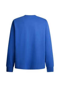Langærmet blå T-shirt med rund hals, glat tekstur, lige snit og ribbede manchetter; ingen synlige logoer eller mønstre.