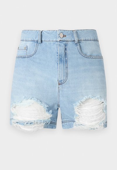 Modre denim kratke hlače s raztrganim robom in dvema velikima poškodovana obližema. Imajo zanke za pas in sprednja žepa. Klasična zasnova s petimi žepi.