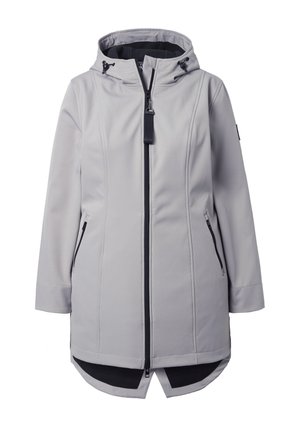 Světle šedá softshellová bunda s kapucí, černým zipem, zipovými bočními kapsami a nastavitelnými šňůrkami na kapuci, pohled zepředu.