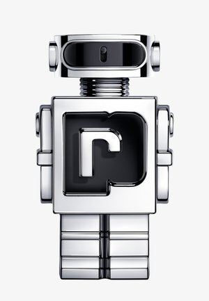 Shiny metallic robot figurine with a square body, rectangular head with black visor, and segmented legs, standing against a white background.