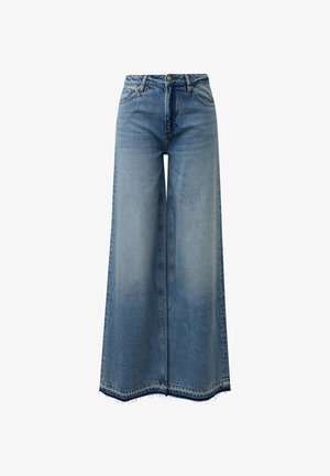 High-waisted, wijde blauwe spijkerbroeken met knoopsluiting aan de voorkant, ritssluiting, zijzakken en rafelige zoom.