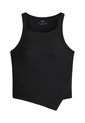 Crni kratki top bez rukava s kvadratnim izrezom i asimetričnim rubom, veličina mala, izrađen od glatkog materijala.
