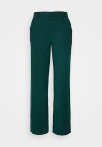 Pantalon vert à jambes larges avec une texture lisse, doté d'une taille ajustée et de deux poches latérales. Lignes épurées et design minimaliste.