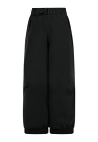 Zwarte, loszittende broek met een brede snit, gemaakt van een soepele, lichte stof. Heeft een riem in de taille en elastische boorden.