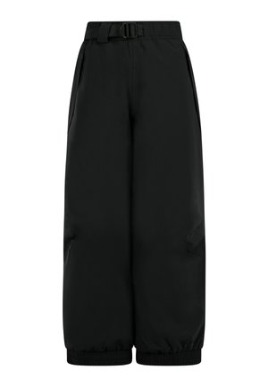 Schwarze, locker sitzende Hose mit weitem Schnitt, aus einem glatten, leichten Material. Mit einem Gürtel an der Taille und elastischen Bündchen.