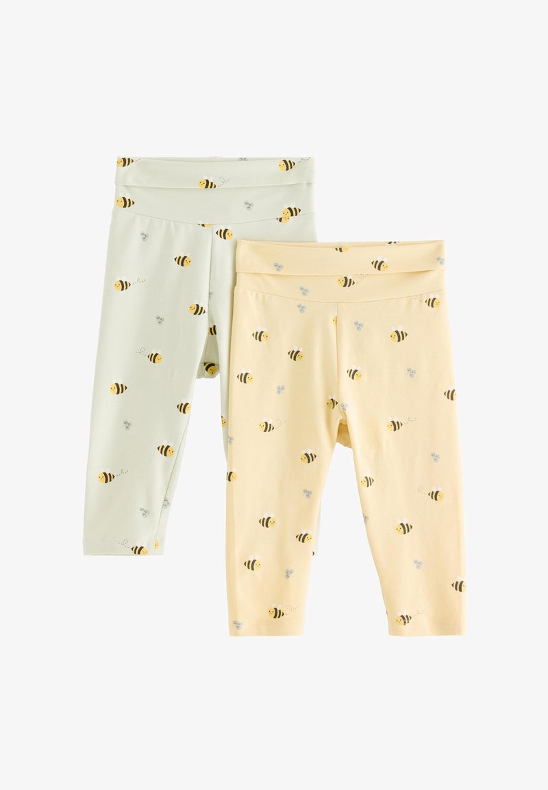 Δύο ζευγάρια καλσόν, ένα ανοιχτό πράσινο και ένα απαλό κίτρινο, και τα δύο με σχέδια μέλισσας και λουλουδιών, κατασκευασμένα από απαλό ύφασμα βαμβακερού μείγματος.