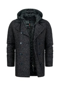 Abrigo oscuro con patrón de espiga, capucha gris desmontable, diseño cruzado y botones azules. Interior forrado con textura acolchada.