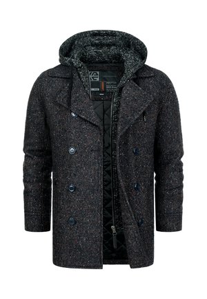 Cappotto scuro a motivo spina di pesce con cappuccio grigio staccabile, design doppiopetto e bottoni blu. Interno foderato con texture trapuntata.