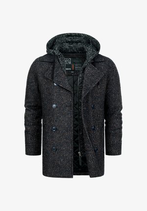 Mørk frakke med fiskebenmønster, aftagelig grå hætte, dobbeltradet design og blå knapper. Foret indre med quiltet tekstur.