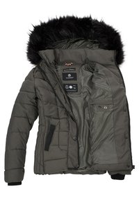 Dark green puffer jacket with a removable black faux fur hood, quilted texture, inner pockets, and front button closures.