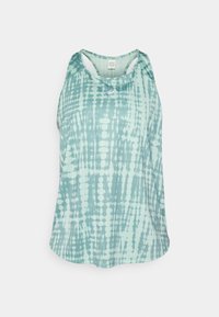Lyseblå og hvit tie-dye ermeløs treningsbluse med racerback og liten logo på brystet, vist på hvit bakgrunn.