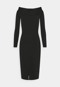 Robe midi noire à épaules dénudées avec manches longues et fente avant, silhouette ajustée, présentée sur un fond clair uni.