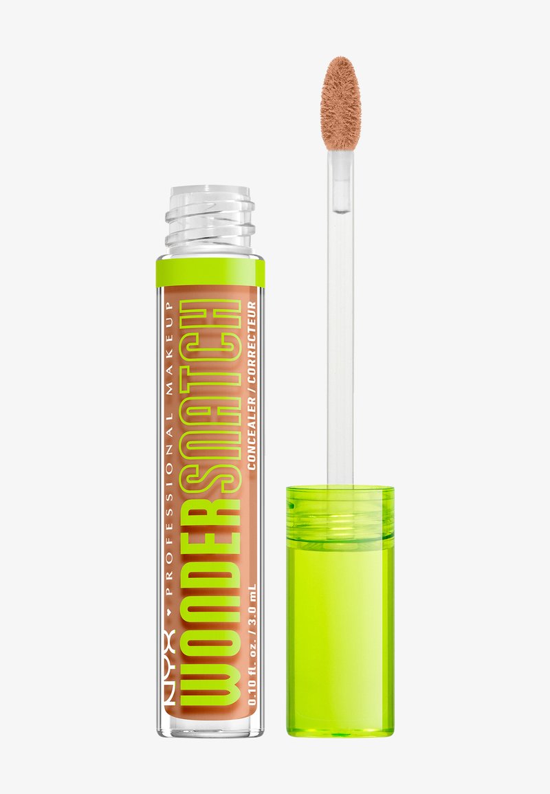Tube de correcteur NYX Professional Makeup Wonderstick avec un bouchon vert vif et un applicateur montrant un produit ton pêche.